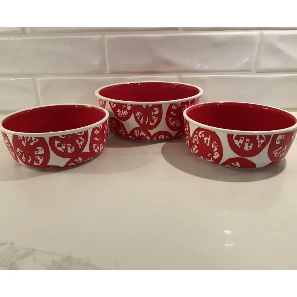 Crate & Barrel set of 3 Ceramic Red‎ & White Pattern Nesting Bowl Serving Set